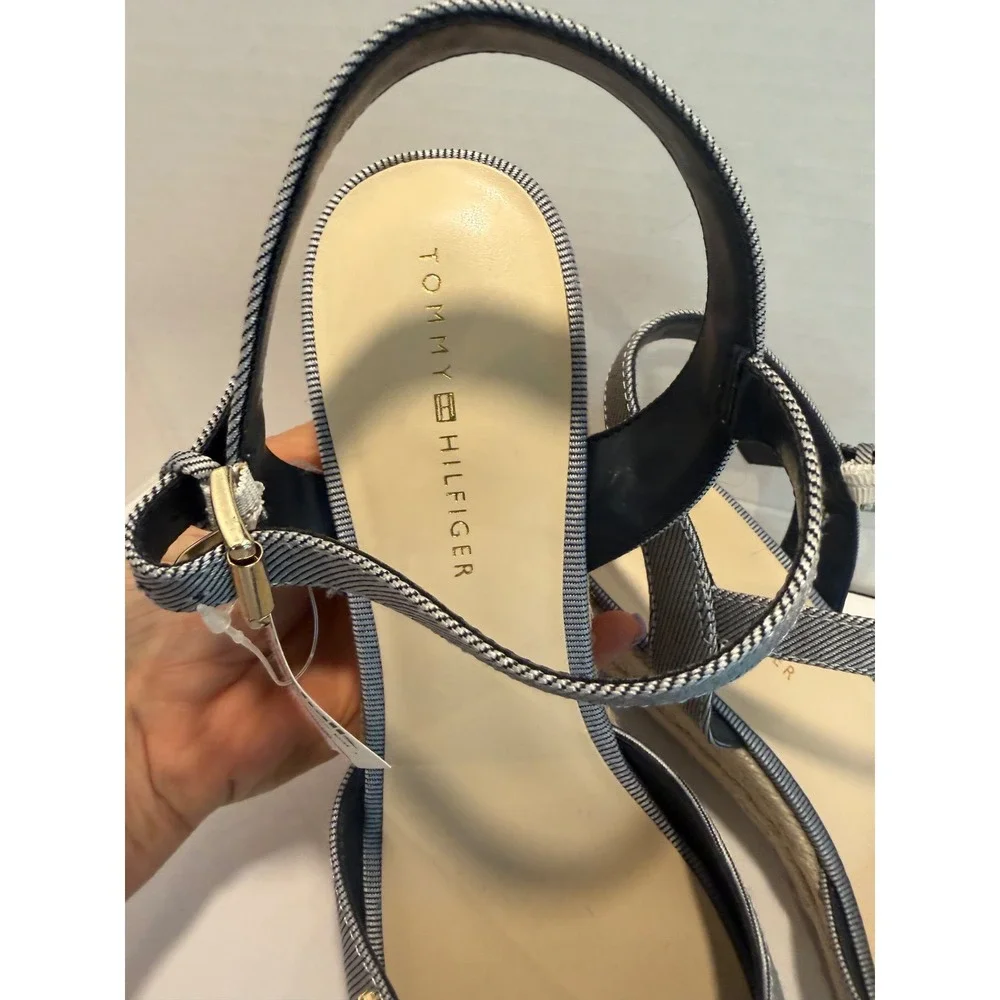 Tommy Hilfiger Womens Navy Striped Espadrille Wedge Sandals Ankle Strap Size 10M